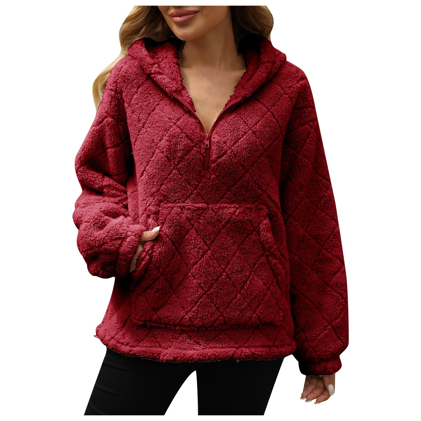 thumbnail image 1 of Sudadera con capucha y media cremallera holgada para mujer - Chaqueta informal y cómoda para el frío, 1 of 8
